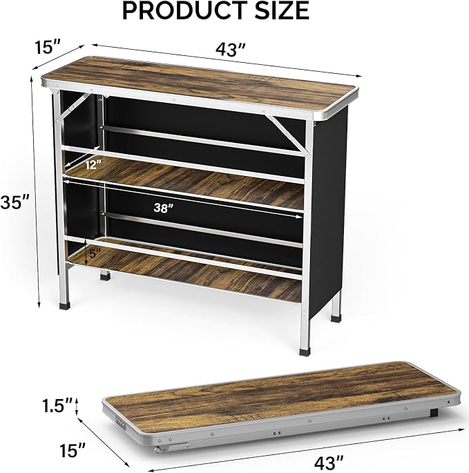 VINGLI 43" Portable Bar Table, 3-Tier Shelves, Carry Bag，Mobile Bar Table for Events, Party, Camping, Picnic, Tradeshow, Outdoor & Indoor with Black Skirt(2, 43") (2) (Natural, 43")