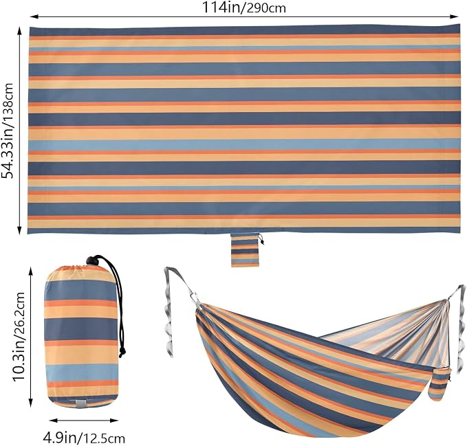 Camping Hammock Outdoor Hammocks for Outside Stripe Blue Orange Beach Trees Portable Lightweight with Pockets Tree Straps Indoor