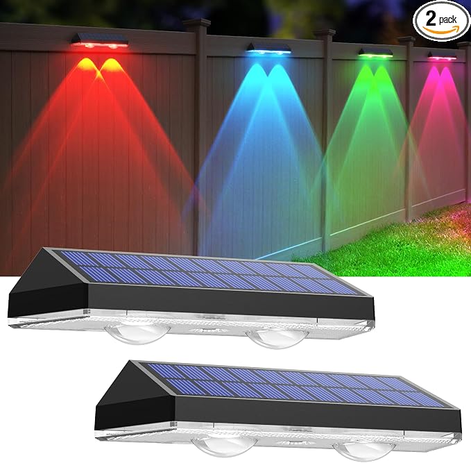LIANGLOME Solar Fence Lights Outdoor, 2PK RGB Solar Lights for Outside Backyard, Patio, Deck Fence, Stair Handrail, Pool and Wall