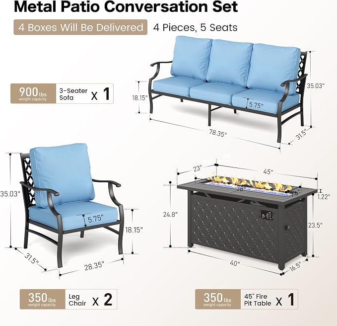 SUNSHINE VALLEY 4 Piece Metal Outdoor Patio Furniture Sets with 5000 BTU Firepit Table, Patio Conversation Sets 1 3-Seater Sofa, 2 Fixed Chair with 5.75" Thick Cushion, Black Backyard Furniture, Blue
