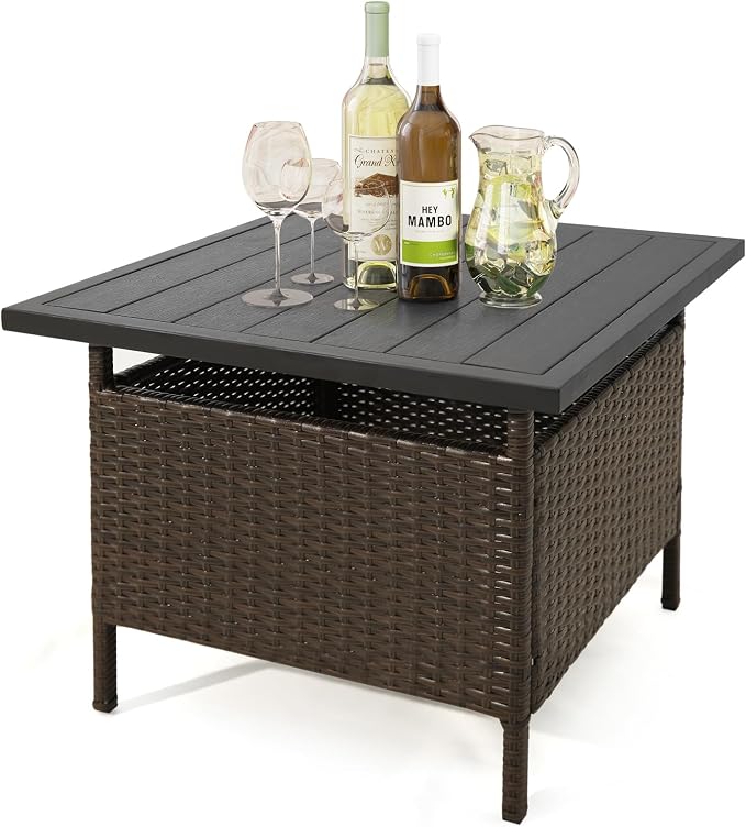 LUARANE Rattan Umbrella Side Table, Outdoor Wicker Stand Table with Umbrella Hole Steel, Suitable for Gardens, Balconies, Poolside (HDPE Tabletop)