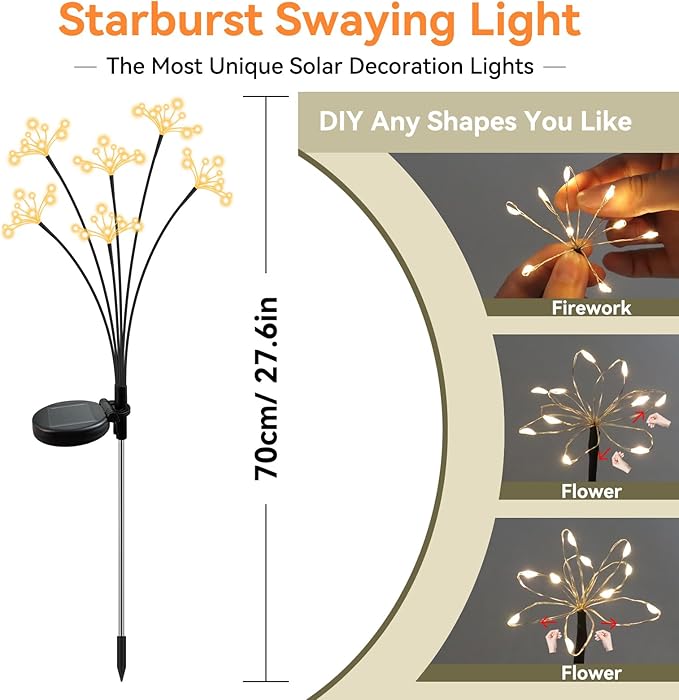 Solar Garden Lights 2 Pack Waterproof Solar Swaying Starburst Light Outdoor Lights for Yard Patio Walkway Pathway Party Wedding Christmas Decoration, Warm White