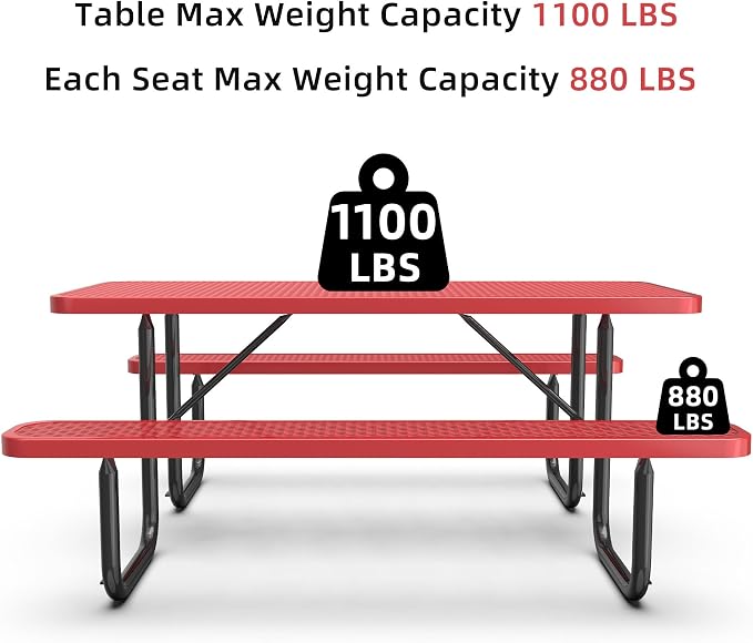 KEIKI 72" Heavy-Duty Metal Picnic Table with Benches, Commercial Outdoor Steel Table with 2.12" Umbrella Hole, 2.5mm Mesh Top, Rust-Resistant Coating, Patio Backyard Park Dining Furniture, Red