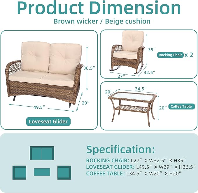 MEETWARM 4 Pieces Outdoor Wicker Patio Conversation Sets with Glider Loveseat, 2 Chairs with Glass-Top Coffee Table Rocking Chair Set, Wicker Conversation Set with Thickened Cushions