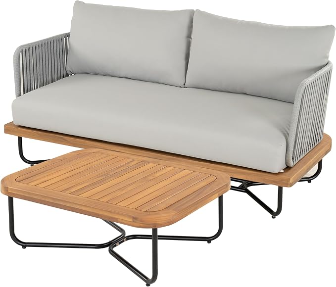 Christopher Knight Home 3-Piece Patio Furniture Set, Acacia Wood Outdoor Sectional Sofa with Rope Woven & Cushions, 4-Seat Sofa, Loveseat and Coffee Table, Outdoor Conversation Set, Light Grey+Teak