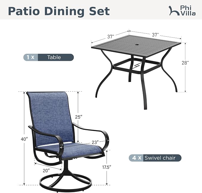 PHI VILLA 5 Pcs Patio Dining Set for 4, Swivel Mesh Chairs, Blue | 4 textilene dining chairs. 37" metal square table with umbrella hole, all weather E-coated metal frame for outdoor deck lawn