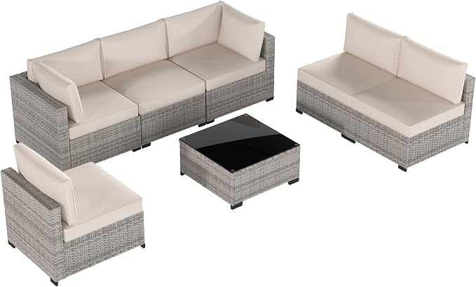 Patio Furniture Set, 7-Piece Outdoor Sectional Couch with Coffee Table & Thick Cushions, Outdoor Wicker Conversation Set for Backyard, Poolside, Garden (Grey White-White, 7 Piece-Single)