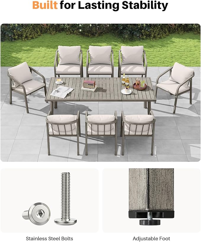 Outdoor Dining Table for 8, Never-Rust Aluminum Patio Dining Table, 82"×35" Large Rectangle Patio Table with Umbrella Hole, Outdoor Table with Wood-Like Texture for Deck, Porch, Gray Oak