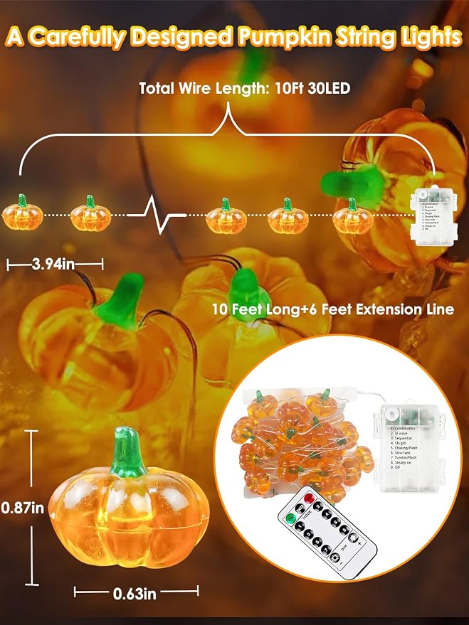 Fall Decorations 3D Pumpkin Fairy Lights Battery Operated 10FT 30LED Orange | Timer, 8 Modes, Remote Control, Waterproof String Light for Indoor Outdoor Garland Harvest Thanksgiving Halloween decorations