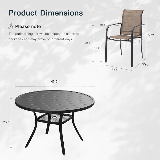 VICLLAX 7 Pieces Patio Outdoor Dining Set, 47.2" Round Metal Table with Umbrella Hole and 6 Stackable Textilene Chairs for Patio, Lawn, Garden, Porch, Black/Brown