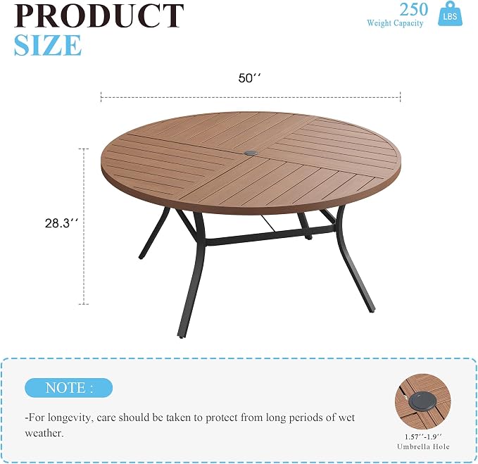 VICLLAX 50" Round Patio Table with Umbrella Hole, All Weather Metal Outdoor Dining Table for 6, Outside Table with Storage Shelf for Lawn Garden, Walnut Wood-Grain Finish