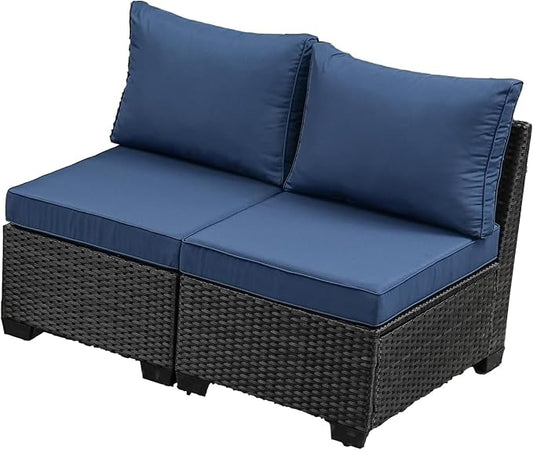 2 Piece Outdoor Wicker Armless Sofa, Patio Rattan Sectional Sofa Set with Thick Seat Cushions and 2 Back Cushions for Garden Patio, Backyard, Poolside Navy