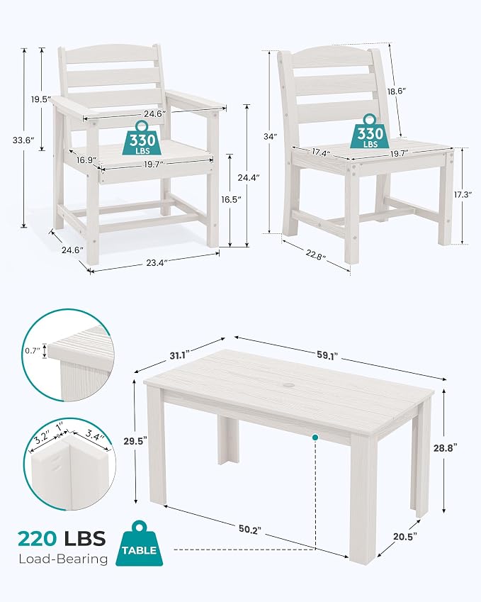 SERWALL 59" Patio Dining Set for 6, w/ 1 Table & 6 Chairs, White | Armless Patio Dining Sets for All Weather Use