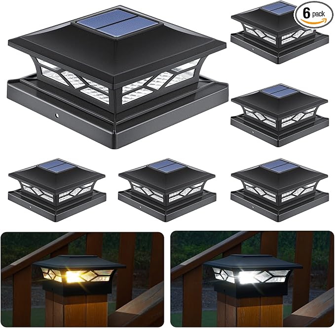 APONUO Solar Post Cap Lights, 4x4 Black Plastic Outdoor Waterproof Lights, Warm White/Cool White LEDs, Fence/Deck Decor, Garden Lighting