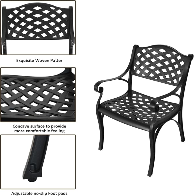 Cast Aluminum Patio Bistro Sets Outdoor Bistro Table and Chair Set of 2 with Umbrella Hole,Metal 3 Piece Patio Set All Weather Bistro Table Set for Garden,Black