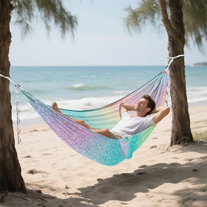Rainbow Glitter Texture Camping Hammock, Portable Lightweight Single Hammock with Tree Straps and Aluminum Carabiners, 114" x 54" Travel Hammock for Hiking Backpacking Beach