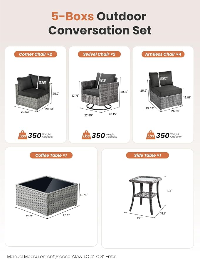 ovios Outdoor 10 Piece Coversation Set with Swivel Rocking Chair,Sectional Patio Furniture Set with All-Weather Wicker Sofa,Modern Outside Couch for Balcony Backyard Pool, Black