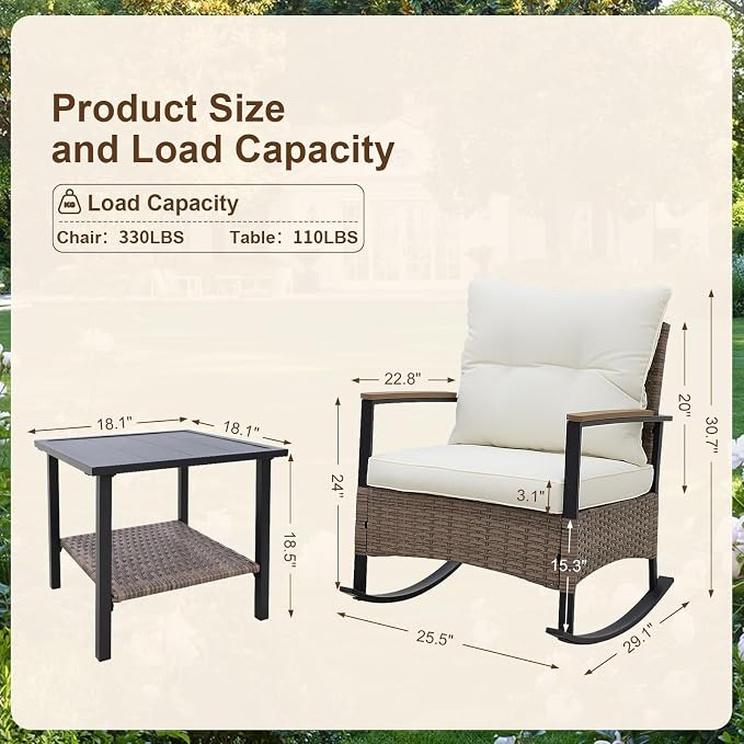 EAGLE PEAK 3 Piece Mojave Dusk Outdoor Conversation Set, Patio Wicker Furniture, 2 Rocking Chairs and Side Table, Light Brown/Beige