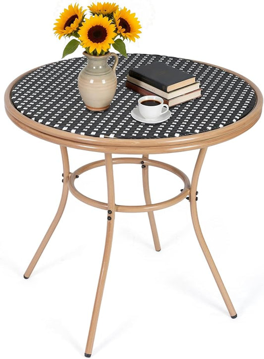 31" Round Outdoor Bistro Table, All-Weather PE Rattan Patio Side Table w/Sturdy Metal Frame & Adjustable Foot Pads, Wicker Dining Table for Poolside Backyard Garden Balcony, Black/White