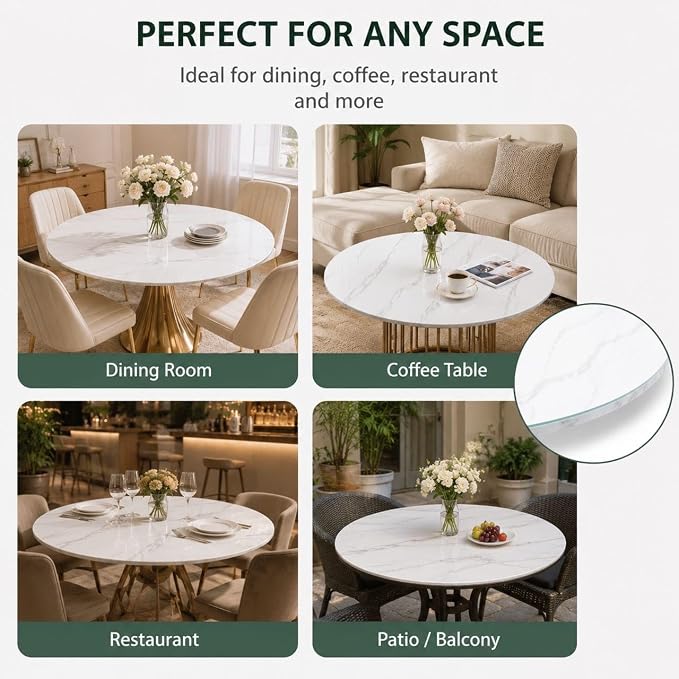 24" Round Tempered Glass Table Top, 5/16" (8mm) Thick, Marble Pattern Replacement, Heavy-Duty, Heat & Scratch Resistant for Coffee, Dining & Patio Tables, White