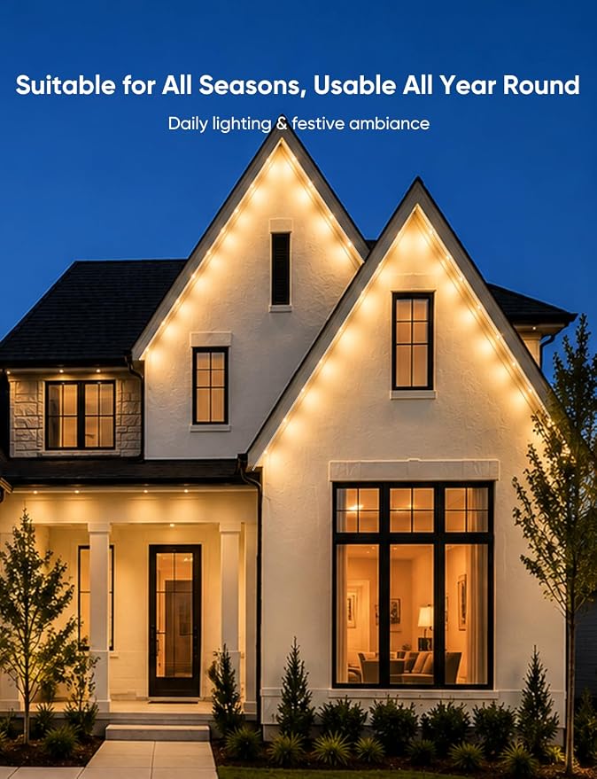 RGBW Permanent Outdoor Lights 400ft, 40LM, with 288 LED Bulbs, Black | IP67 Waterproof, 111 Scene Modes, 2700K Warm White, Music Sync, Individual Control, Eave Lights Compatible with Alexa