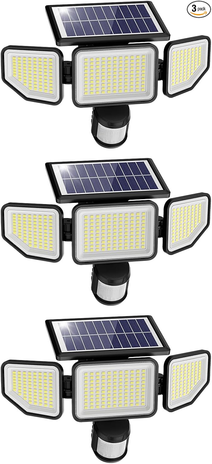 Onforu 4500LM Solar Lights Outdoor, 3 Heads Security Lights with Remote Control, IP65 Waterproof Motion Sensor Lights, 3 Modes Flood Lights for Wall, Porch, Yard, Outside, 3 Pack