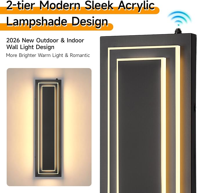 23.6 in Dusk to Dawn Outdoor Wall Sconce, Black Outdoor Wall Light | 2-Tier Black Modern LED Lights For House Exterior,Garage,Hallway,Patio,Waterproof,36W 3000K Warm White LED, 1 Pack