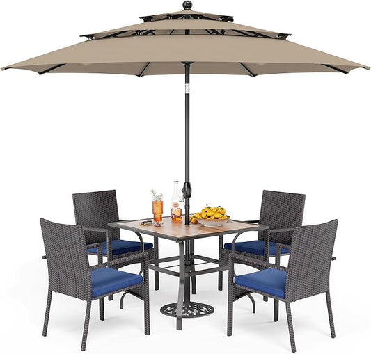 PHI VILLA 5pc Patio Dining Set with Umbrella, Square Table, Rattan Chairs | Includes 37" square metal table, 4 cushioned rattan chairs, and 10ft beige umbrella. Perfect for patio, deck, yard, or porch