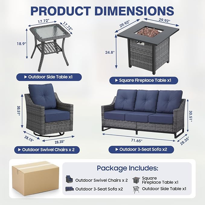 6 Piece Patio Furniture Set With Fire Pit ,360°Swivel Patio Chairs Set of 2,Outdoor 2 Sofas,Side Table,Cozy 60,000 BTU Square Fire Pit Table, All-Weather Wicker Patio Set With 6 Inch Thick Cushions