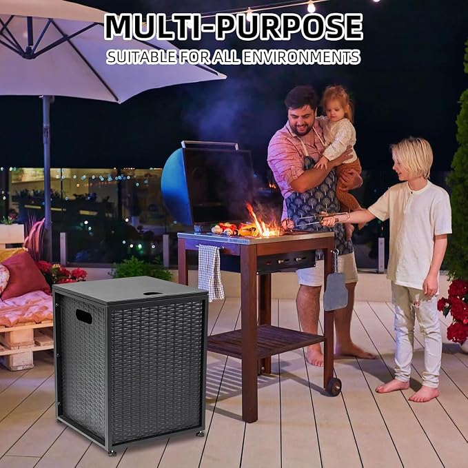 20 LB Propane Tank Hideaway Table with Side Handles，Sturdy 16 Inch Propane Tank Holder with Adjustable Foot Pads，Outdoor Gas Tank Cover for Patio, Deck & Backyard（Black）