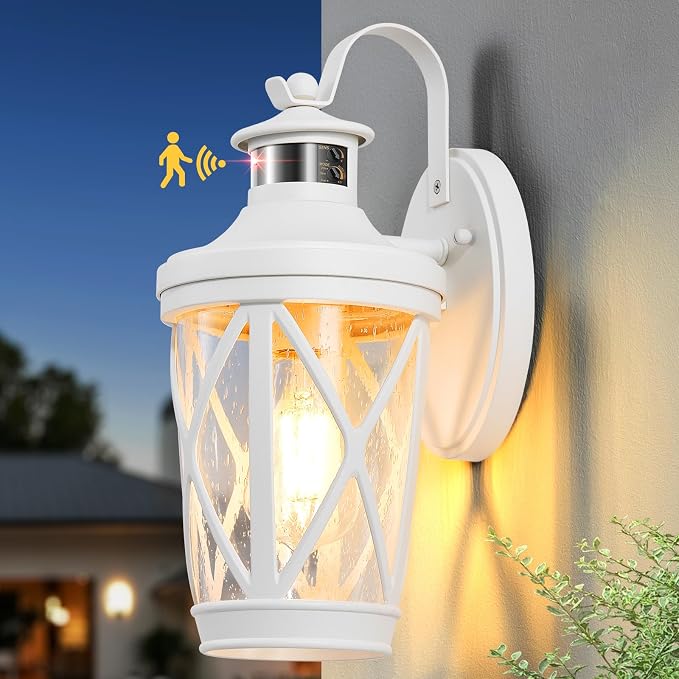 VIANIS Motion Sensor Outdoor Wall Light Fixtures, White Modern Front Porch Lights Wall Mount, Waterproof Anti-Rust Outdoor Lanterns Wall Sconce with Seeded Glass, Exterior Coach Light for Garage,Patio
