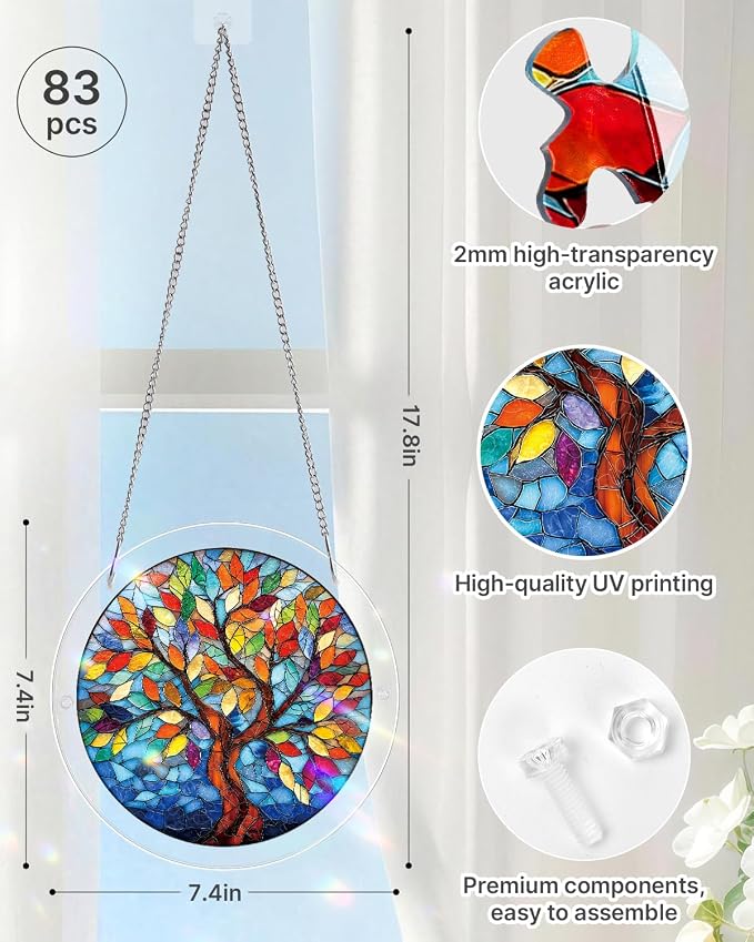 Acrylic Suncatcher Puzzle, Tree of Radiant Glass-7.4 in | DIY Suncatcher Puzzle Kits for Adults, Acrylic Jigsaw Puzzle Suncatcher, Garden&Window Hanging Decor, Unique Gift