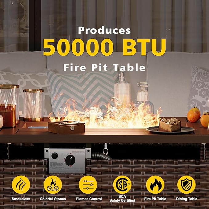 Aoxun Patio Furniture Set with Fire Pit Table, 8 Piece Outdoor Sectional Sofas, Wicker Outdoor Furniture with Thickened Cushion for Backyard, Garden (Brown Rattan Beige Cushions)
