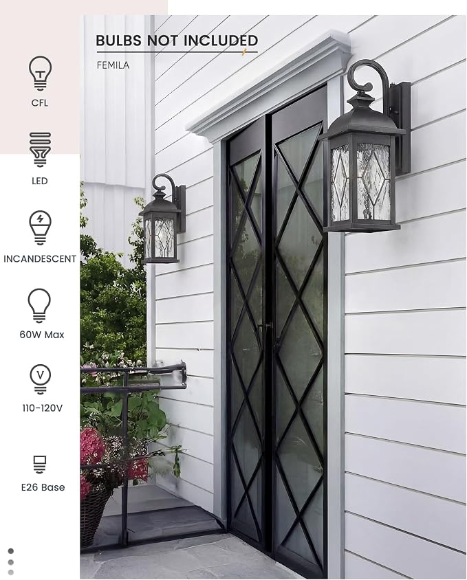 FEMILA Dusk to Dawn Outdoor Front Porch Light, 15" Exterior Waterproof Wall Light Fixtures, Matte Black Finish with Hammered Glass, E26 Socket, 4FD54B-PC BK-SD
