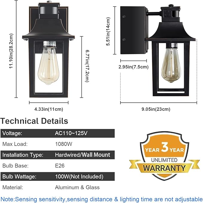 Porch Lights with GFCI Outlet,Dusk to Dawn Motion Sensor Outdoor Lights | 3 Light Modes Front Door Exterior Light Fixture Waterproof Outside Wall Light for House,Patio,Garage,Black,Bulb not Included