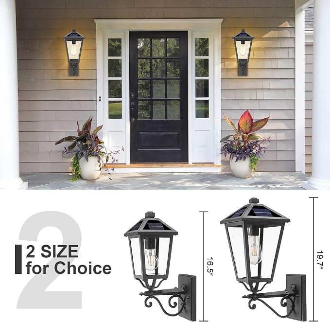 Solar Outdoor Wall Light, 20'' Vintage Lantern-Style Sconce with Remote Control, Alluminum Matte Black Weatherproof Exterior Lighting Front Porch Lights for House Garage Doorway Patio