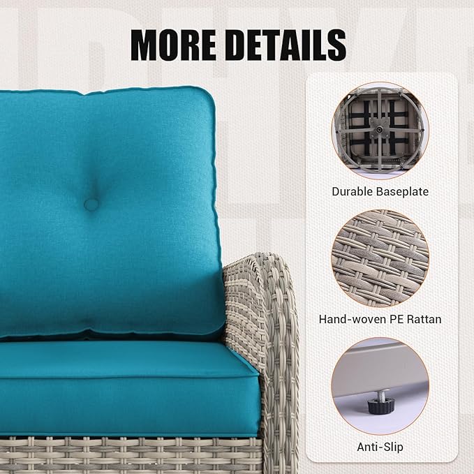 Outdoor Patio Furniture Set with Rocking Swivel Chair Wicker Sectional Sofa Set, 11-Piece Patio Conversation Set with Ottomans and Coffee Table for Garden, Turquoise