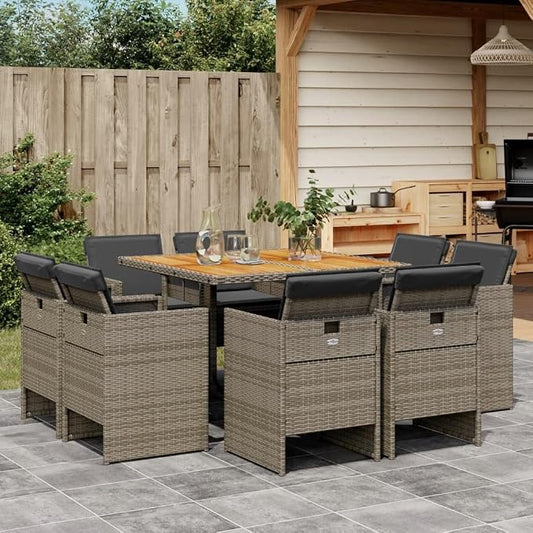 9-Piece Patio Dining Set with Cushions Gray Poly Rattan Outdoor Furniture Set for Garden Backyard Balcony Compact Foldable Chairs Acacia Table