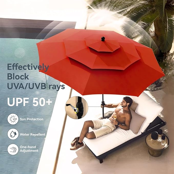 PHI VILLA 5pc Patio Dining Set with Umbrella, Round Table, Rattan Chairs | Includes 42" Round Metal Table, 4 Cushioned Rattan Chairs and 10ft Red umbrella. Perfect for patio, deck, yard, or porch