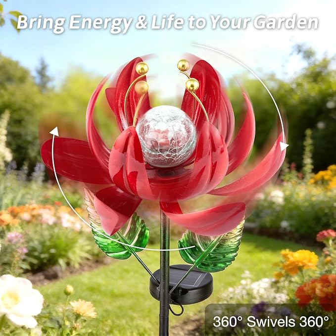 AIINY Solar Lights Outdoor Garden Decor, Solar Wind Spinner Yard Decorations Gifts for Outside, Lotus Windmill Pathway with LED Cracked Crystal Ball Waterproof Flower Sculpture for Patio Lawn