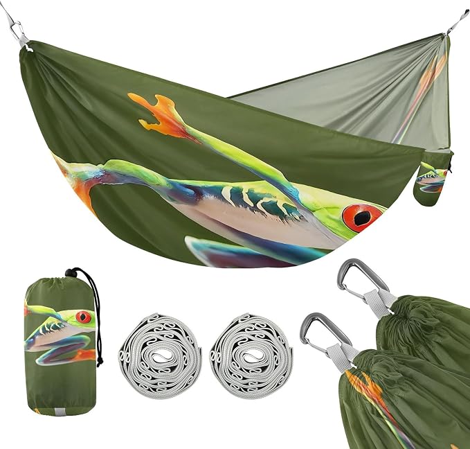 Red Eyed Tree Frog Camping Hammock, Portable Lightweight Single Hammock with Tree Straps and Aluminum Carabiners, 114" x 54" Travel Hammock for Hiking Backpacking Beach
