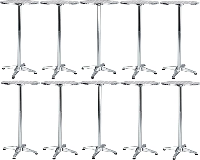 BTEXPERT Set of 10, Aluminum Indoor Outdoor 23.75" Round Restaurant Bar Height 45" Table, Patio Stainless Steel Silver Furniture 25.75" Base, Flip Top