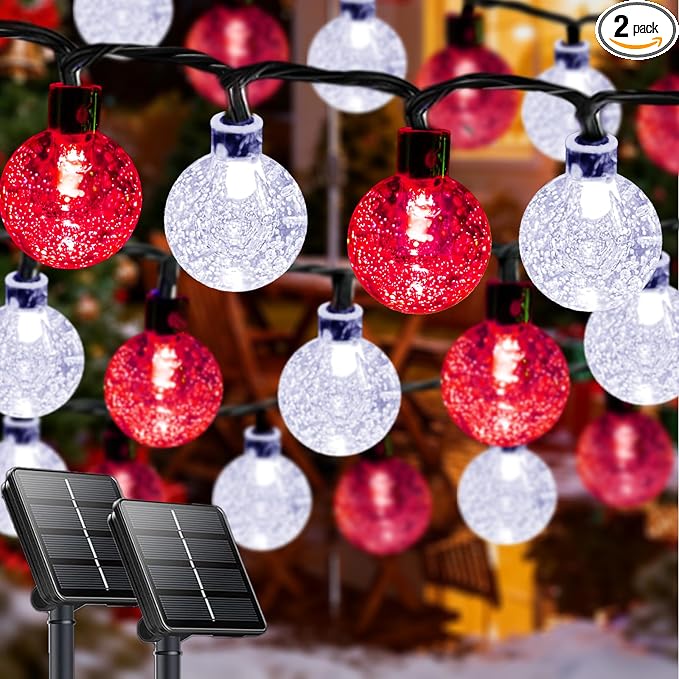 Solar String Lights Outdoor Waterproof 2 Pack 100 LED 64FT Patio Lights | Red and White Crystal Globe, 8 Lighting Modes, Auto On/Off, Solar Powered Light for Outside Yard Wedding Party Xmas Decor