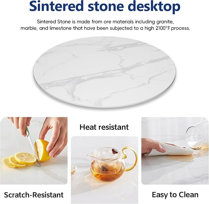 ZL ZELing Round Sintered Stone Table Top 59",Replacement Table Top for Indoor & Outdoor - Heat/Scratch Resistant Waterproof Ceramic DIY Desktop,Patio/Balcony/Bistro/Café & Dining Room (White)