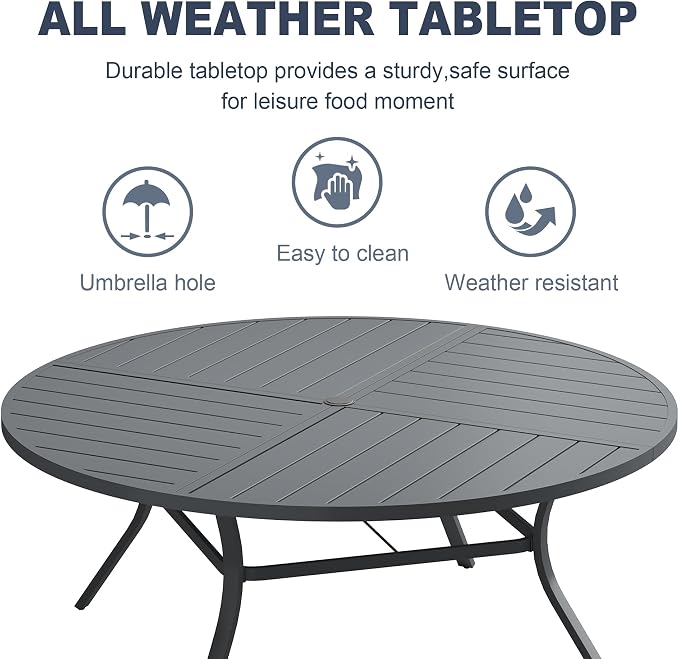 VICLLAX 60" Round Patio Dining Table for 8-10, All Weather Metal Outdoor Table with 1.57" Umbrella Hole and Surdy Frame for Garden Lawn Deck, Dark Grey