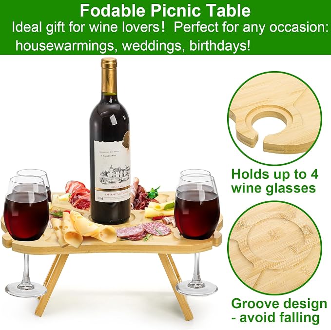 Yesland Portable Picnic Table, Foldable Champagne Picnic Snack Tray, Collapsible Wooden Outdoor Camping Table with Wine Glasses Holder for Park, Beach, Bed, Road Trip, Wine Lover Gift