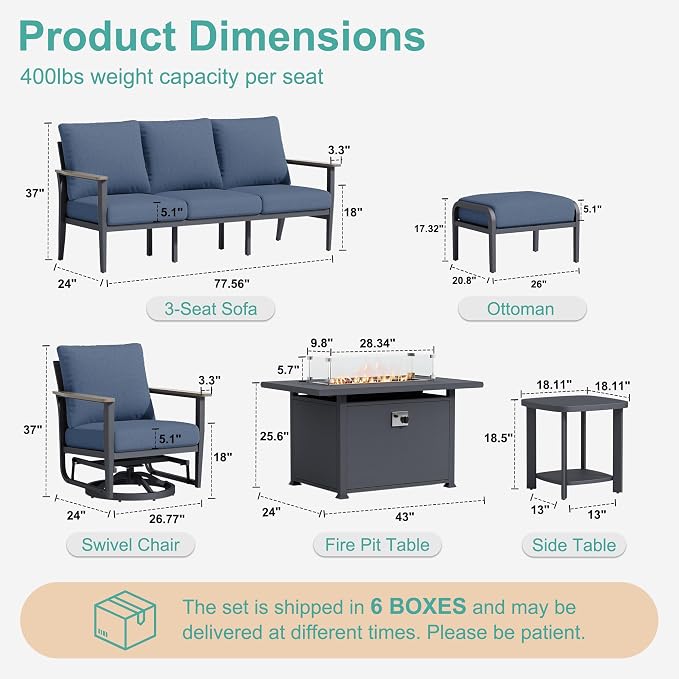 Aluminum Outdoor Patio Furniture Set with Swivel Rocking Chairs 9-Seat, Patio Sectional Sofa with Ottomans Patio Conversation Set with 55,000 BTU Fire Pit Table & High Backrest, Navy Blue