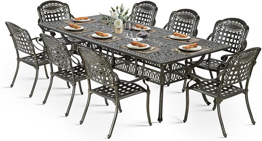 VIVIJASON 9-Piece Outdoor Dining Set, Cast Aluminum Retro Patio Furniture Table and Chairs Set for 8, Include Large 94.5" Rectangular Dining Table and 8 Chairs with Umbrella Hole for Balcony Garden