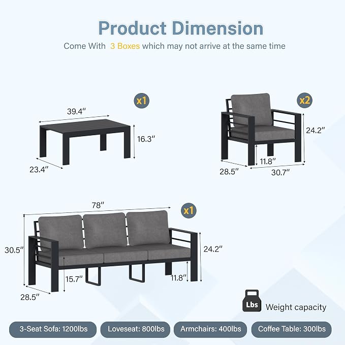 Aluminum Patio Furniture Set, 4 PCS Metal Oversized Outdoor Furniture Set Washable Thick Cushions, 5 Seat Patio Conversation Set with 3.54” Wide armrest and Coffee Table for Patio, Garden