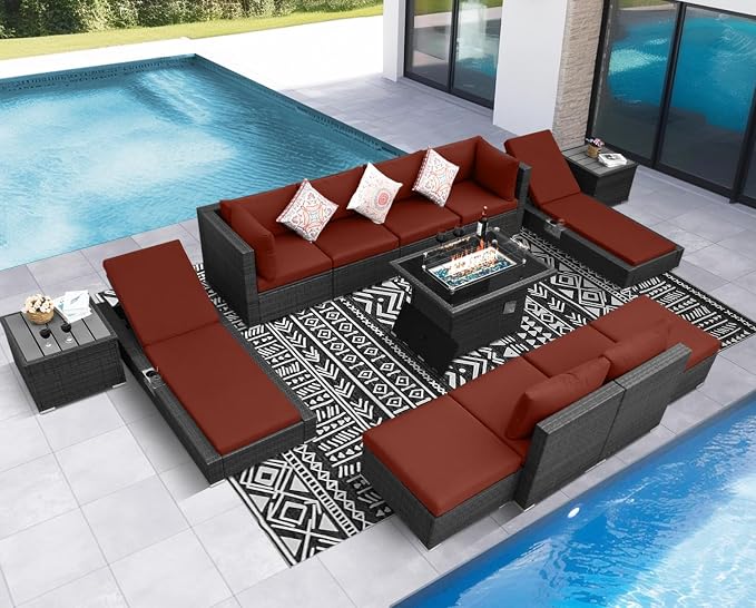 NICESOUL 13 Piece Patio Sectional w/Fire Pit, Modular Wicker Outdoor Couch w/Chaise Lounge, Large Size 29.3'' High-Back Deep Conversation Seating, All-Weather Backyard Movie Furniture, Grey & Red